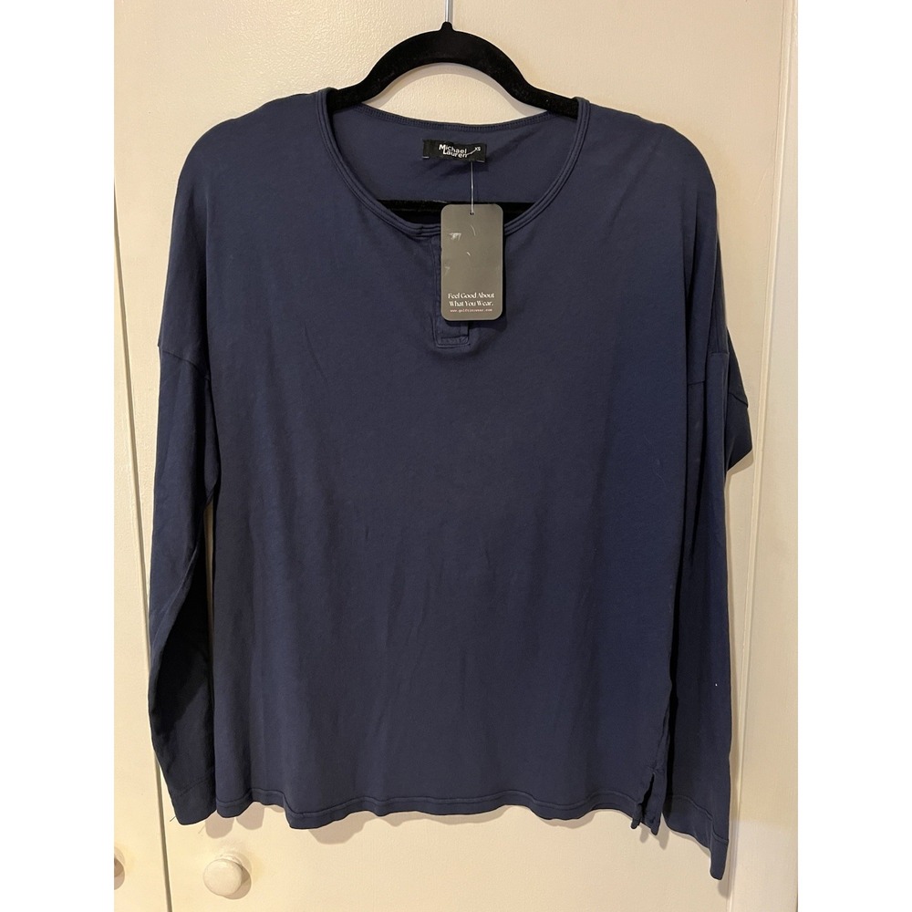 Michael Lauren Navy Long Sleeve Henley Button Up Size XS Oversized Flaw Hole